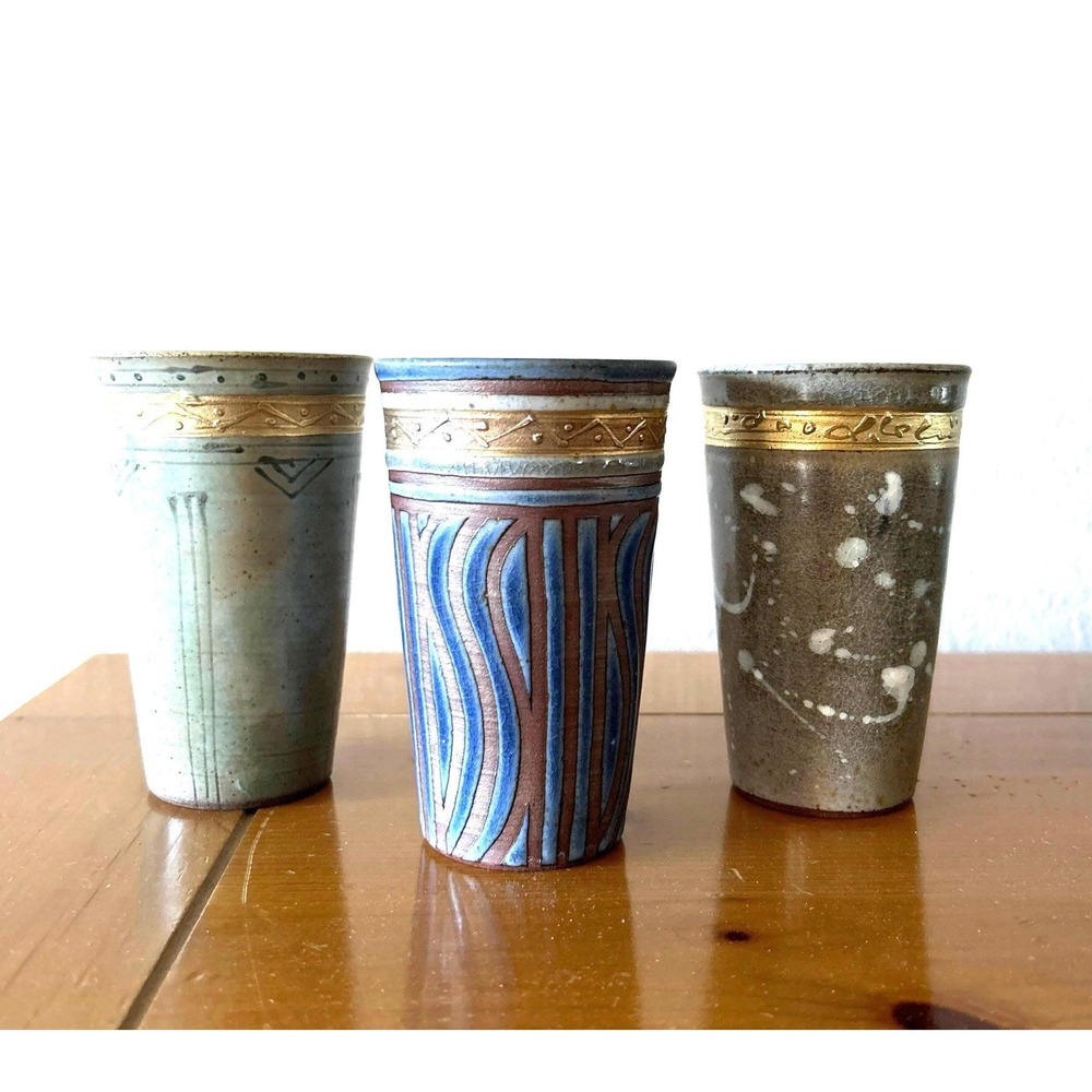 Lot-3 Vintage Asian Handpainted Stone Tumblers‎ Stamped Shin Jin